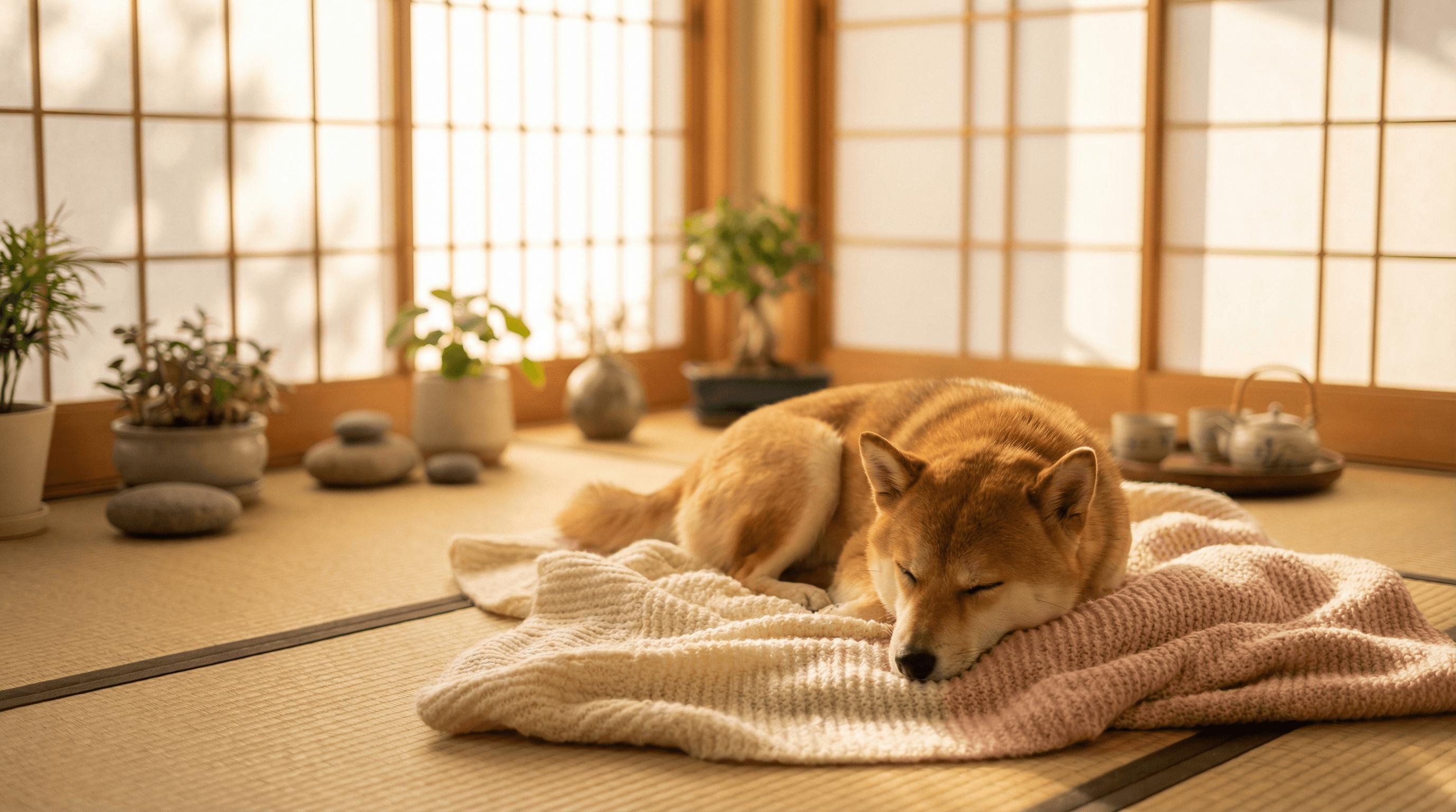 柔らかい光の中でペットと人が穏やかに向き合っているヒーリングのイメージ写真