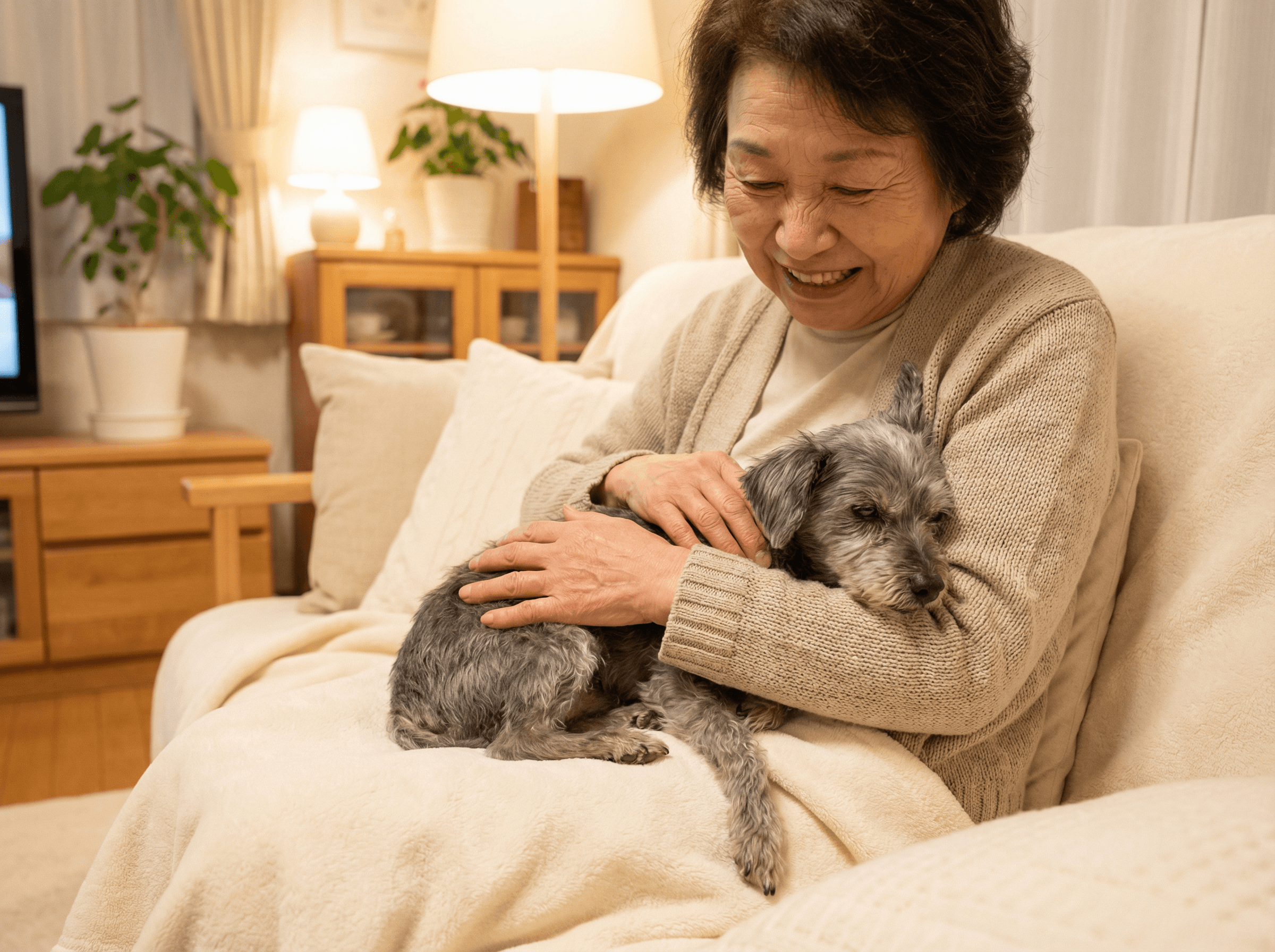 老犬が代表の大野さんに優しく抱かれている写真