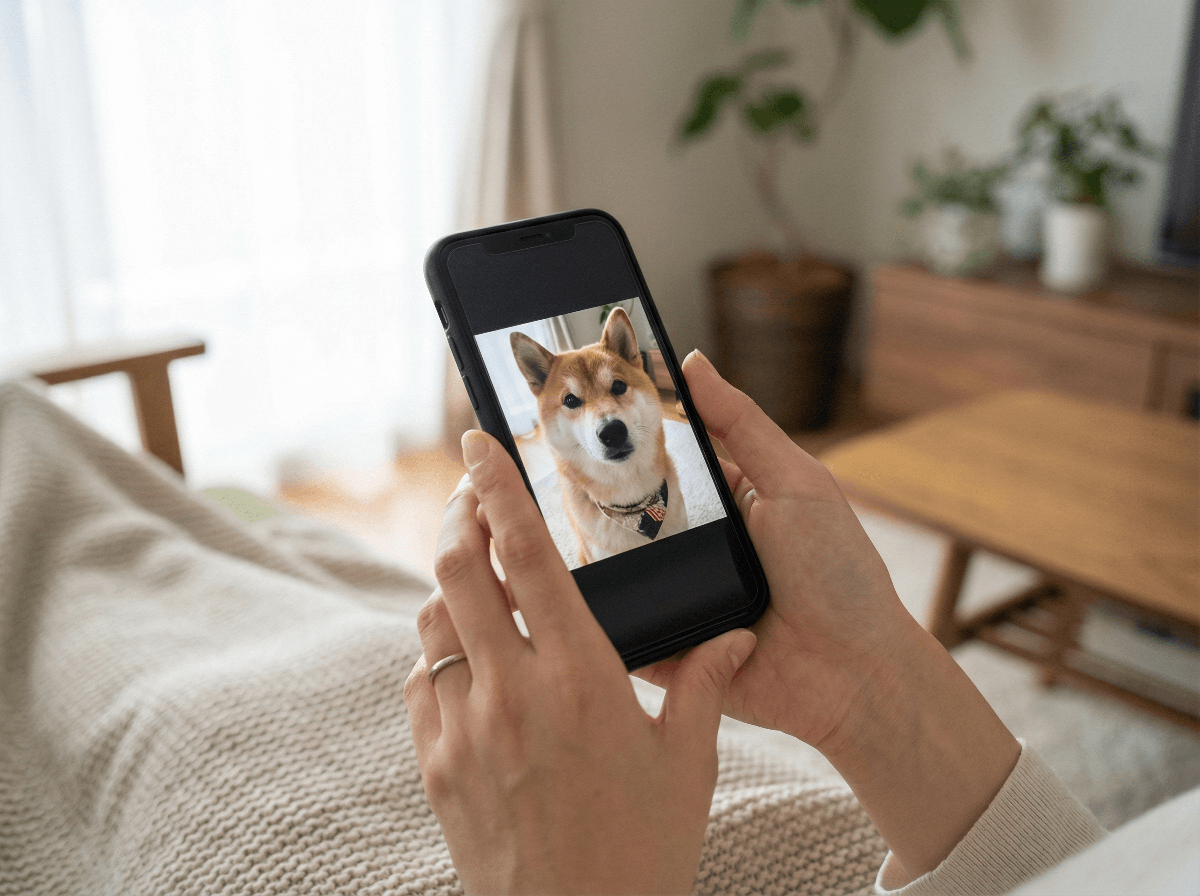 スマートフォンの画面にペットの写真が表示されているイメージ写真