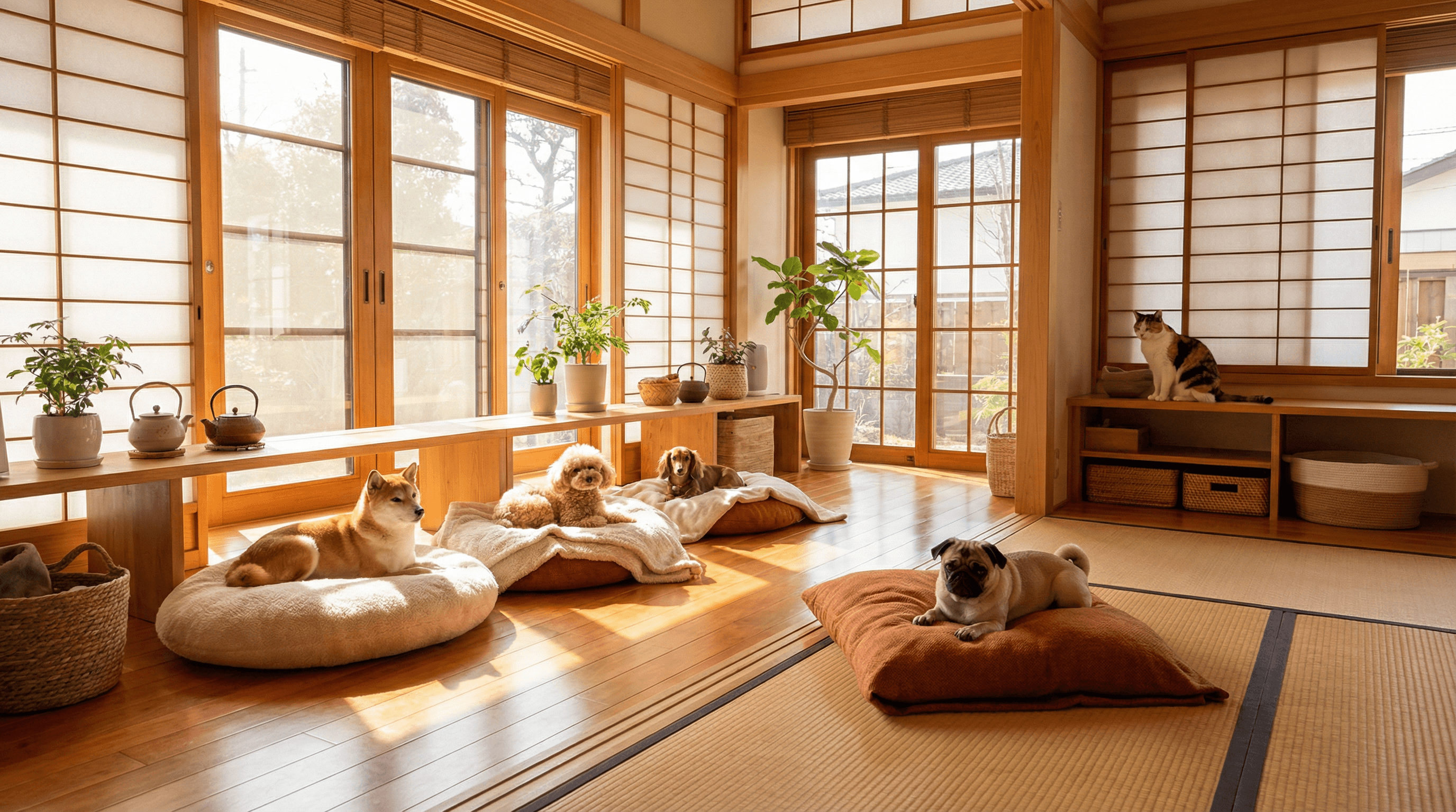 広々としたケージフリーのリビングで犬猫が一緒にくつろいでいる写真