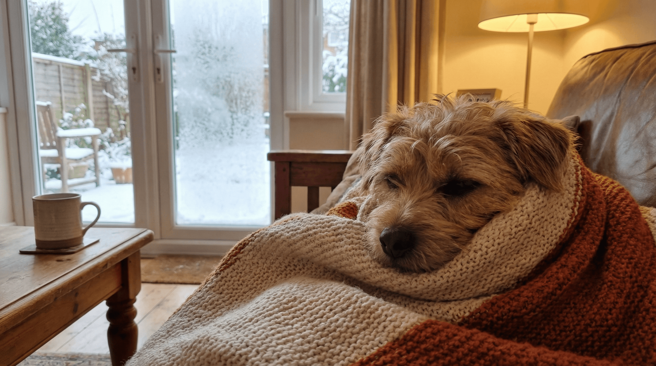 冬の寒い日に毛布にくるまって温かそうにしている犬の写真