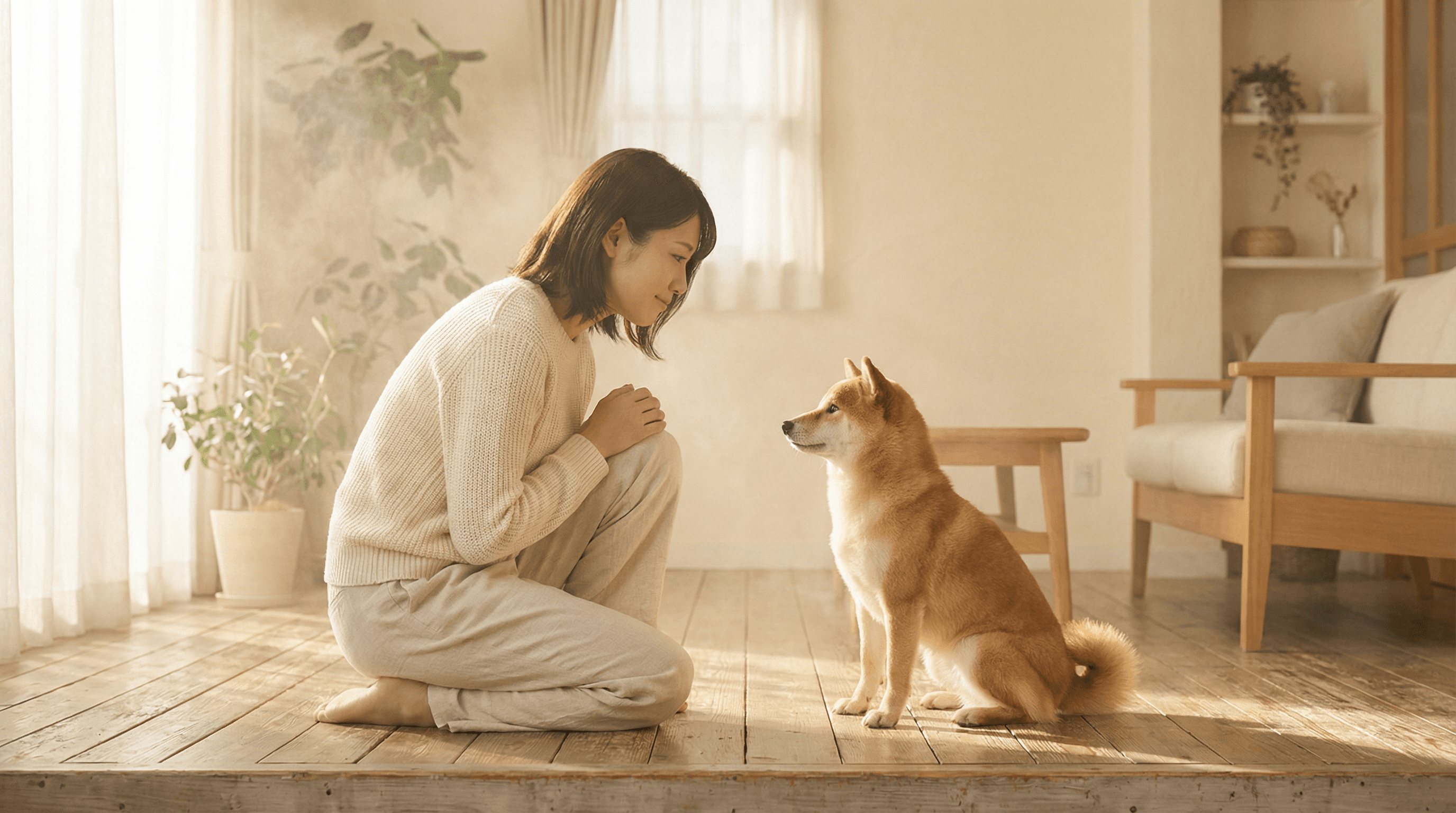 穏やかな光の中で人とペットが向き合い、静かに心を通わせているような写真
