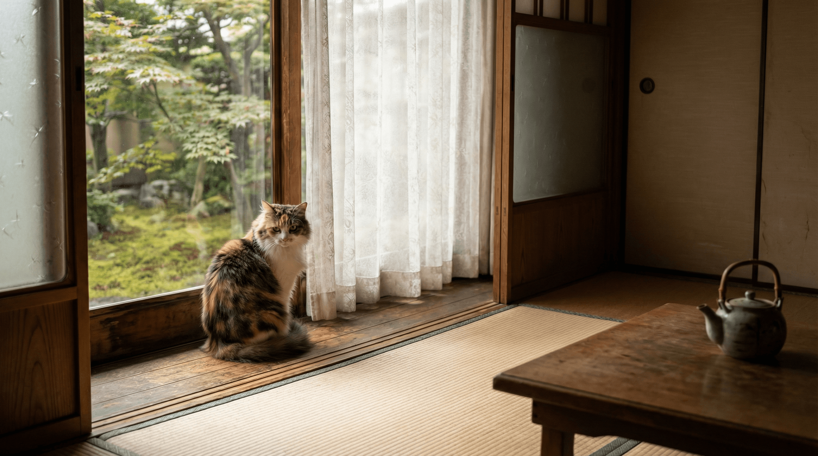 窓辺で外を眺めている猫の写真
